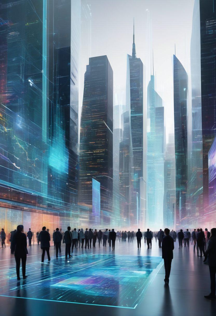 A collage showcasing a futuristic city filled with various data streams, charts, and graphs flowing through holographic screens. In the foreground, a diverse group of analysts collaborating over complex visualizations and predictive models, with binary code subtly integrated into the background. Highlight vibrant colors and a modern aesthetic that conveys technology and innovation. super-realistic. vibrant colors. white background.