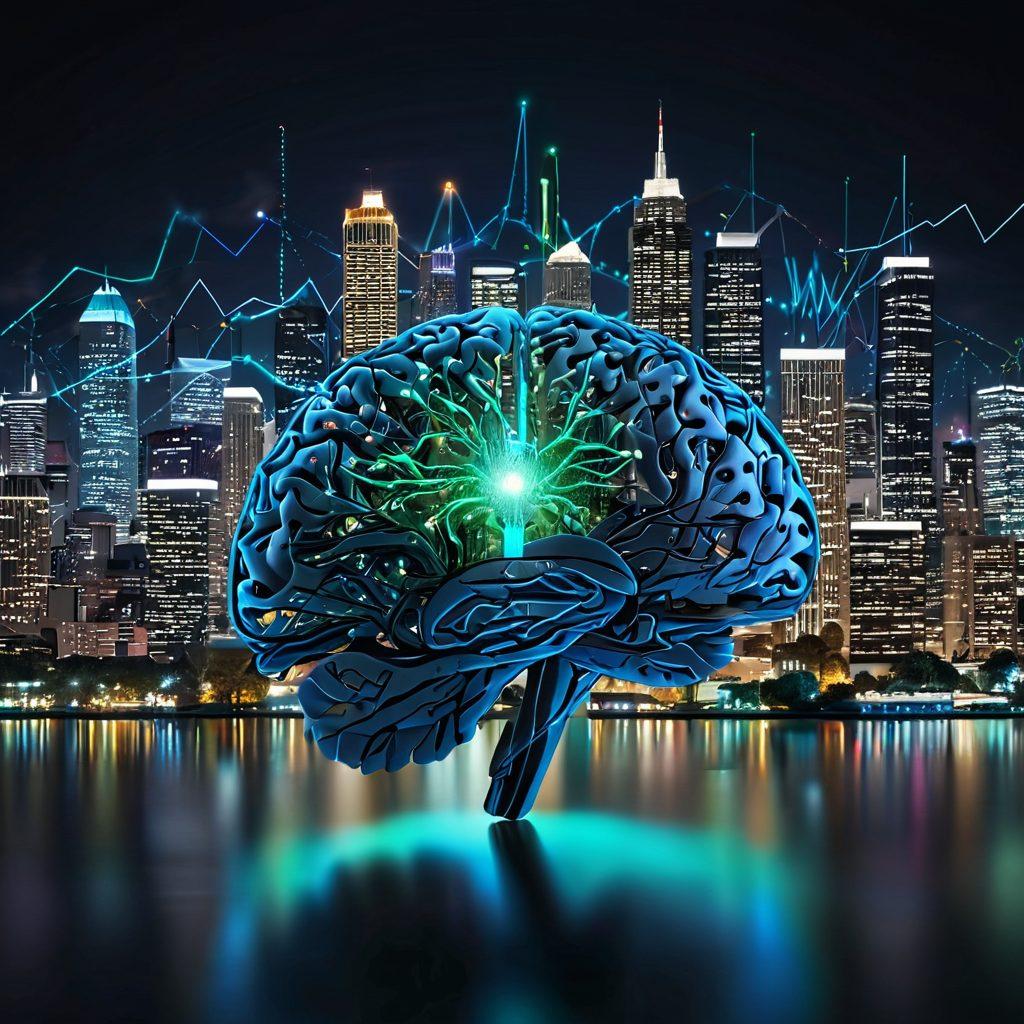 An intricate illustration of a brain made up of data streams and charts, surrounded by visual representations of predictive analytics such as graphs, algorithms, and decision trees. In the background, a glowing cityscape symbolizes the application of analytics in decision-making. The overall color scheme should include vibrant blues and greens to signify data innovation. super-realistic. vibrant colors. 3D.
