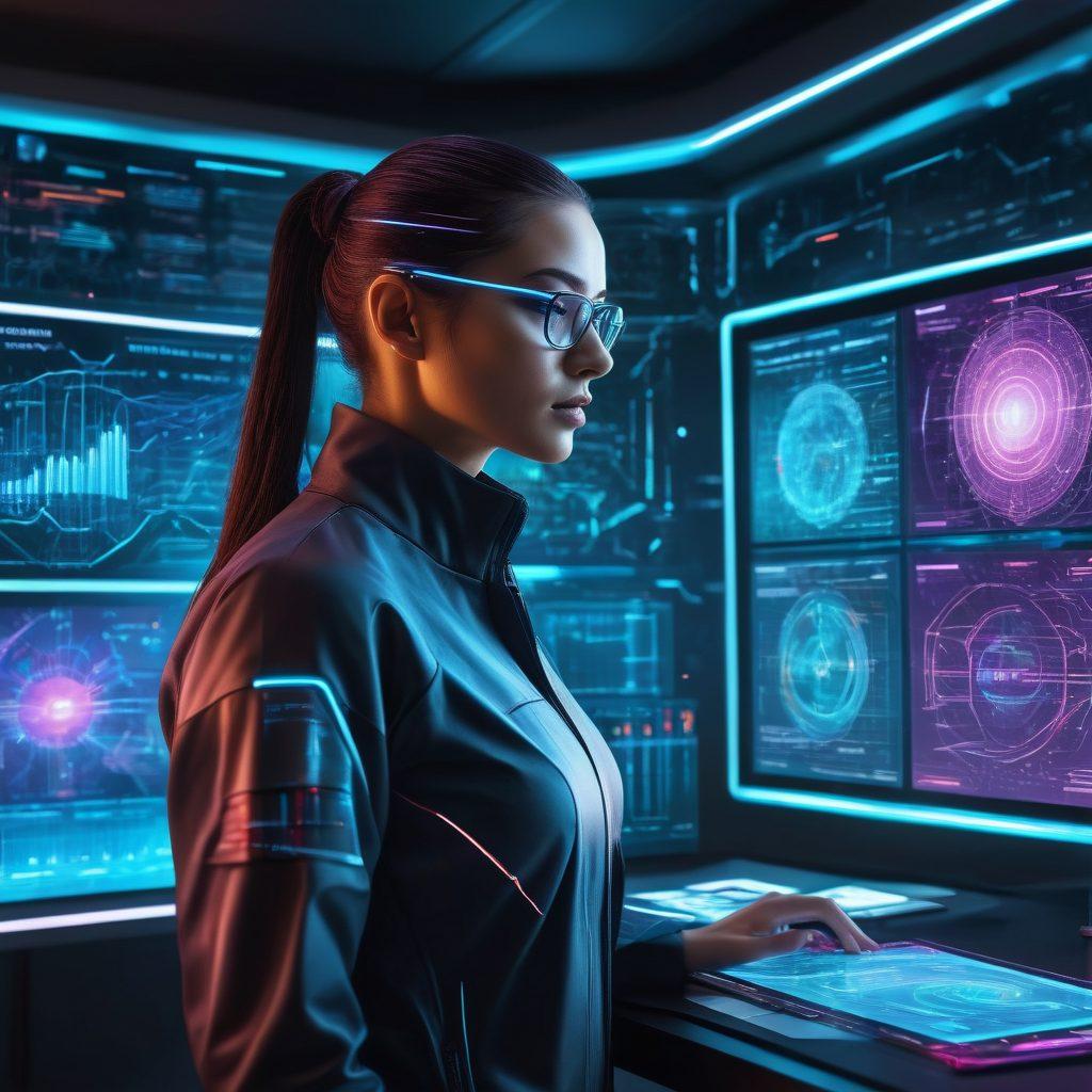 A futuristic data scientist surrounded by dynamic holographic graphs and charts representing predictive modeling, with various machine learning algorithms illustrated as swirling neon patterns. The background showcases a high-tech laboratory filled with screens displaying data analytics. The atmosphere is vibrant and engaging, emphasizing innovation and intelligence. super-realistic. vibrant colors. cyberpunk.